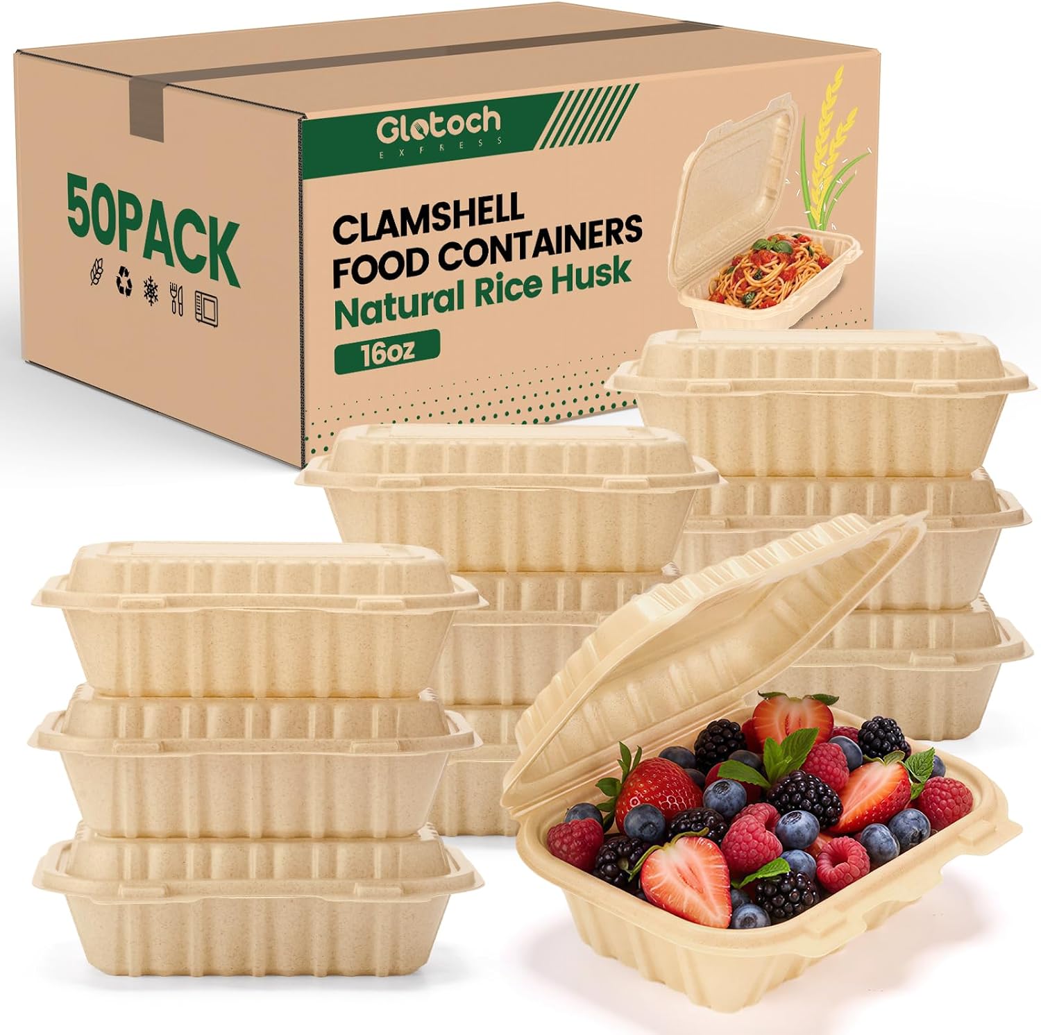 Food Storage Microwave Safe - 50er-Pack 16oz Clamshell Take-Away-Behälter, Natürliche Reishülsen-Einwegboxen