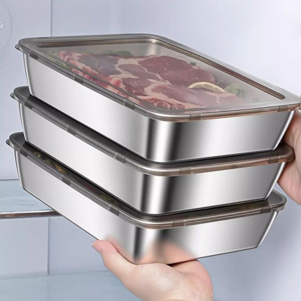 Food Storage Stainless Steel Containers - Lebensmittelechtes Edelstahl-Serviertablett mit Deckel, vielseitiger quadratischer