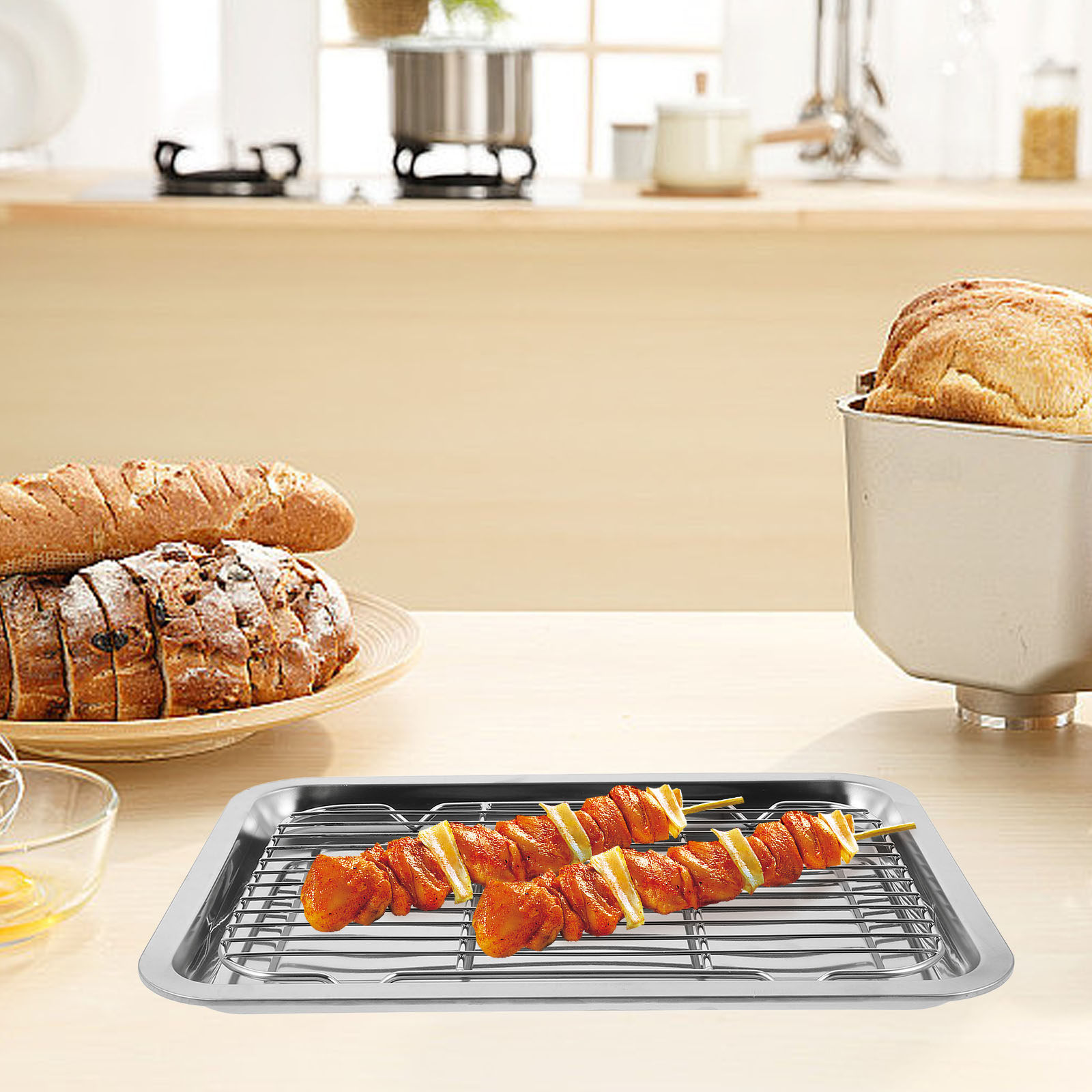 Food Storage In Stainless Steel - 1 Set Edelstahl-Backrost, Abkühltablett, Ölabtropfschale, Servierplatte
