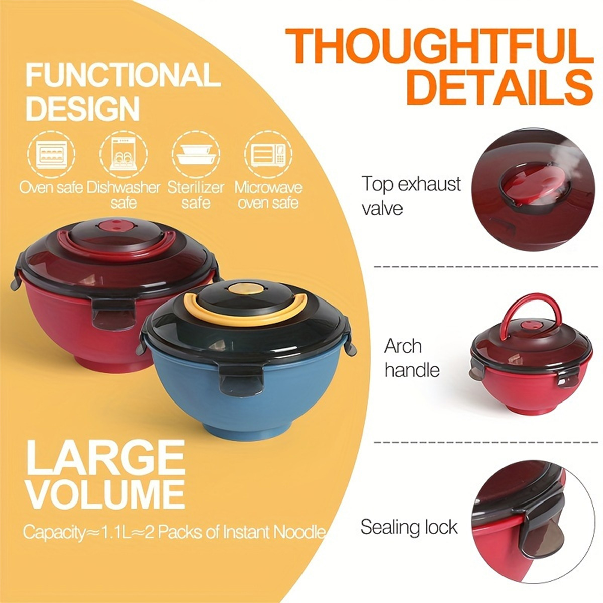Food Storage Microwave Safe - Tragbare Salat-Nudelsuppen-Schüssel, auslaufsichere Lunchbox mit gewölbtem
