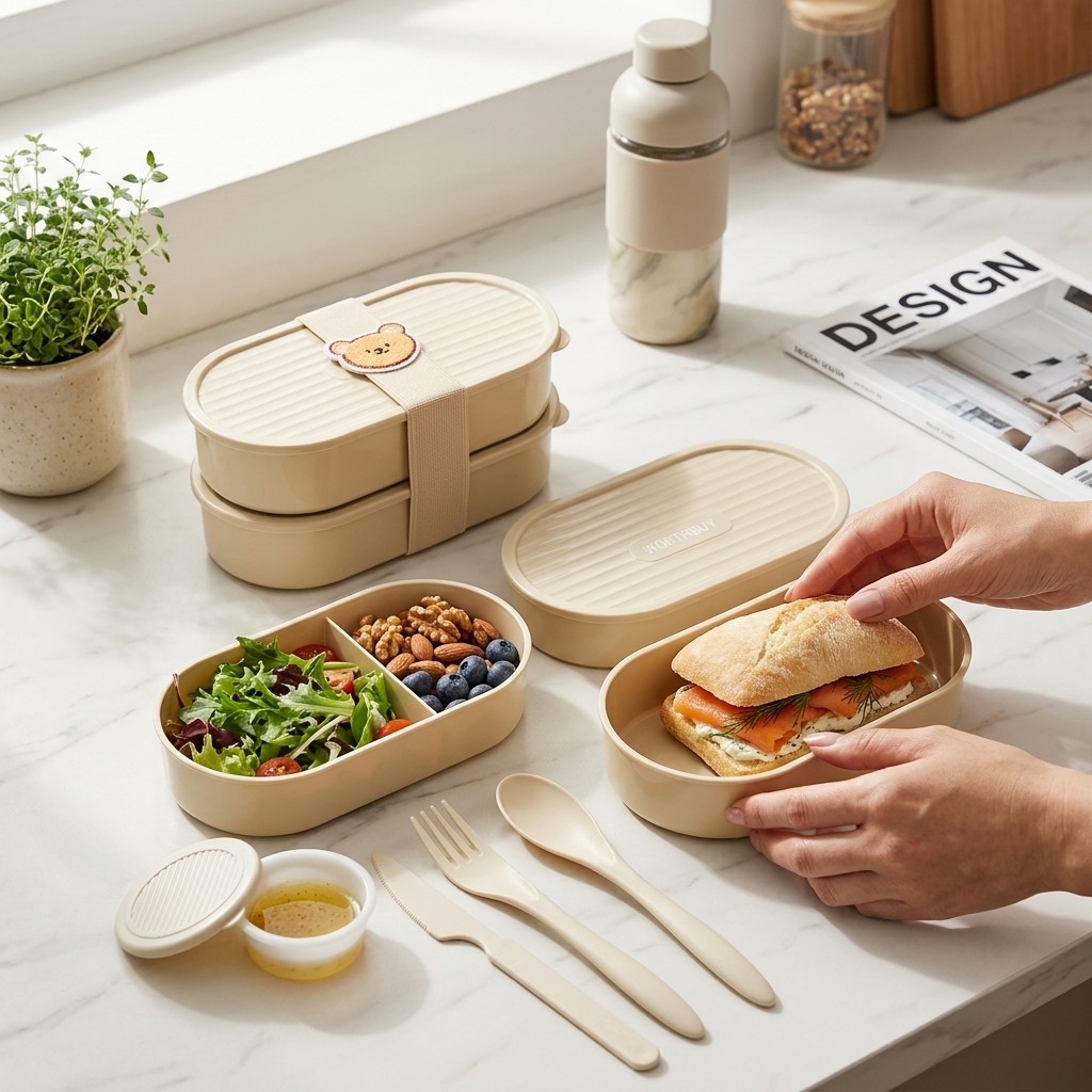 Food Storage Microwave Safe - Doppelschichtige Ovale Lunchbox mit Niedlichem Trageriemen